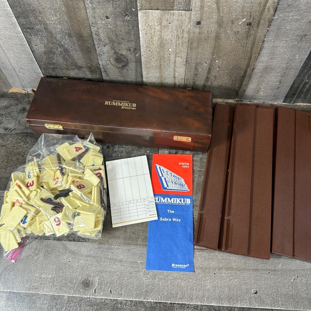 Vintage Pressman Tournament Rummikub COMPLETE Game Brown Carry Case Tiles Rules